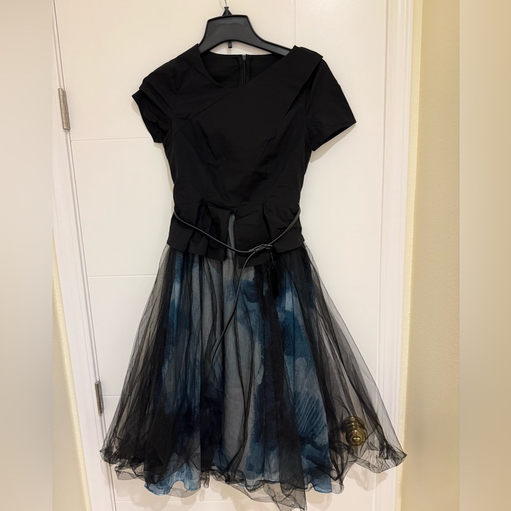 Sophisticated Black and Blue Midi Dress